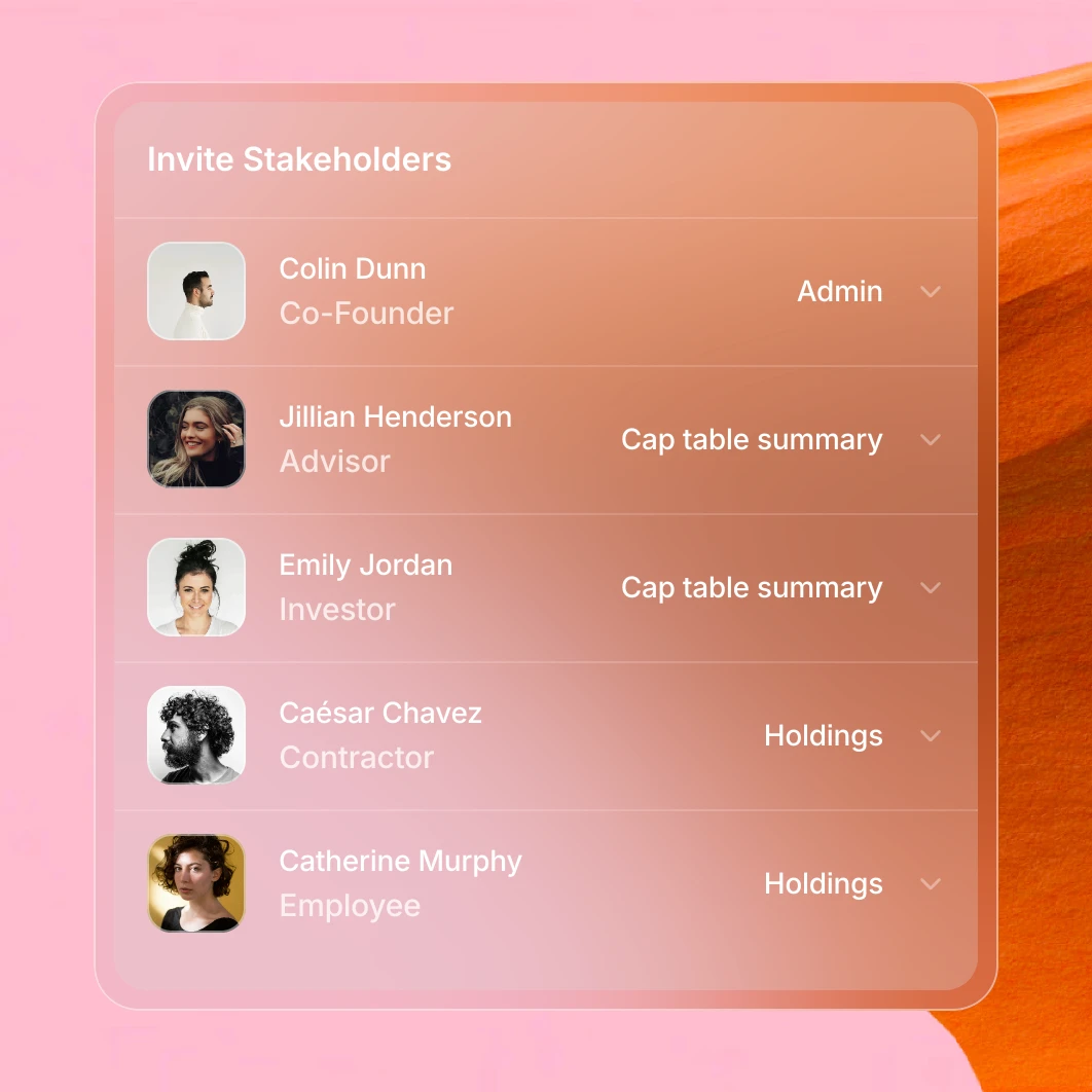 The image is a pink and orange UI panel titled "Invite Stakeholders," listing five stakeholders with roles such as Co-Founder and Investor.