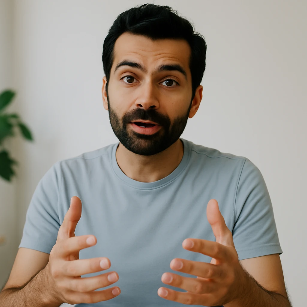 A person with short dark hair and a beard appears to be speaking, with a neutral expression. They wear a light gray shirt, and a plant is blurred in the background.