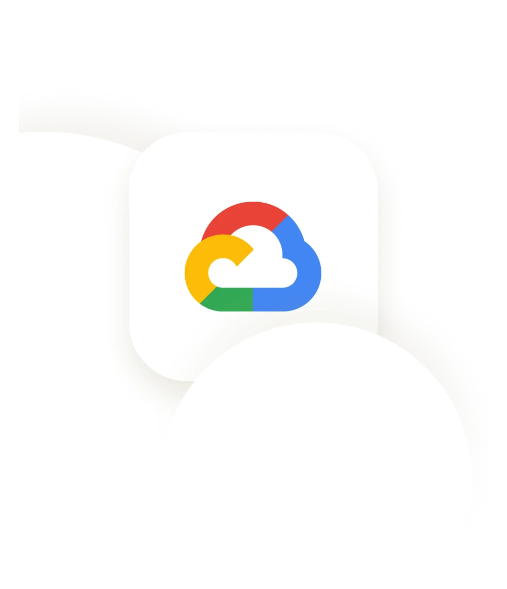Stylized cloud logo with red, blue, yellow, and green sections on a light background, representing Google Cloud. The design is sleek and modern.