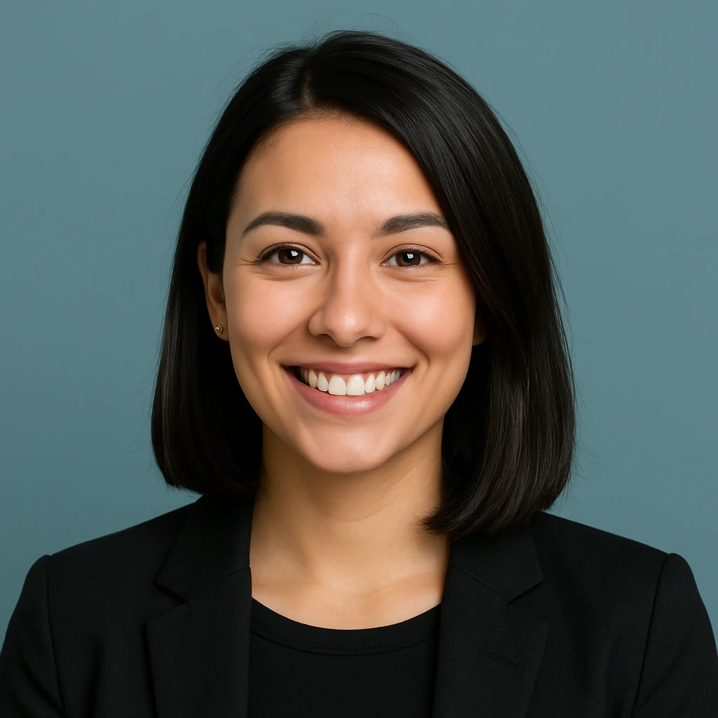 Smiling woman with shoulder-length black hair, wearing a black blazer, against a plain blue background. Conveys confidence and warmth.