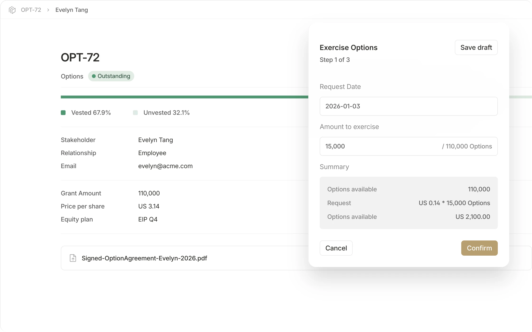 The image shows an employee stock option interface for Evelyn Tang, displaying vested and unvested percentages, grant details, and exercise options form.