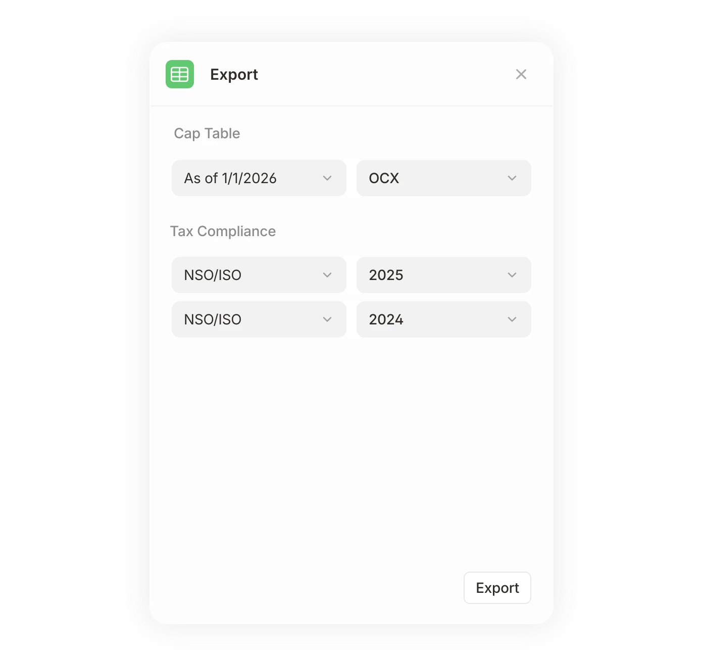 Export dialog box with dropdown options. Cap Table set to "As of 1/1/2026" and "OCX." Tax Compliance with "NSO/ISO" for 2025 and 2024. "Export" button below.
